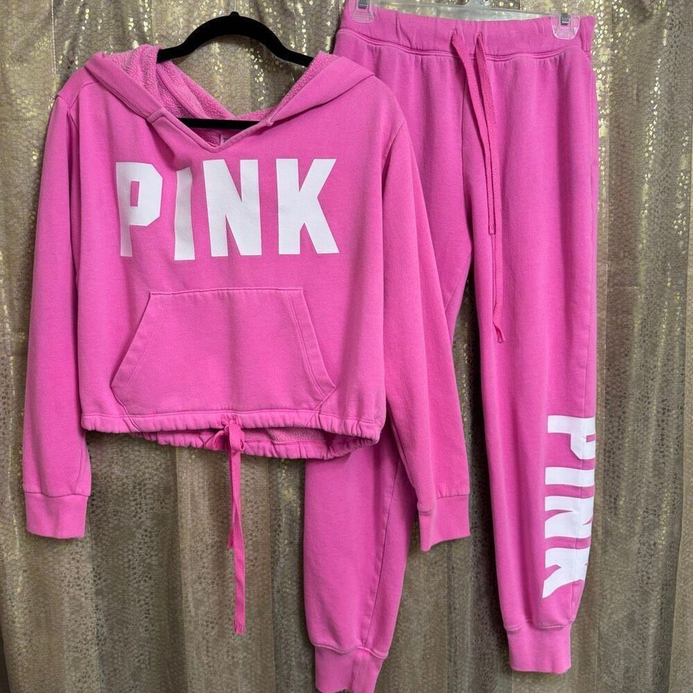 PINK Victoria's Secret Cinched Hoodie Sweatpants Set Hot Pink S/XS